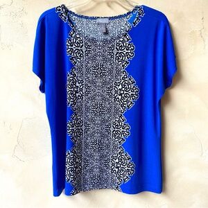 TRAVELERS by Chico’s Women’s Paisley Blue Geometric Design Career Wear Top Sz 1